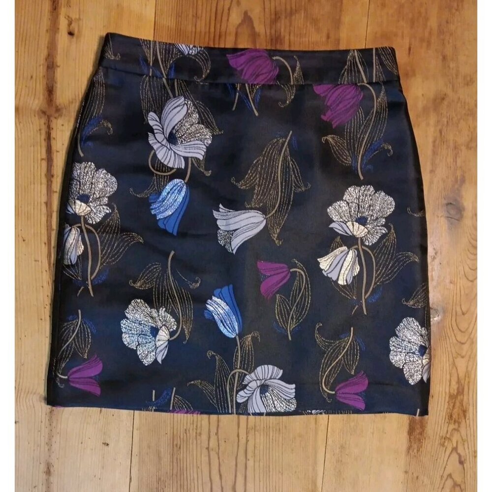 Ann Taylor Womens 6 Skirt Knee Length Black Metallic Floral Lined Zip Pencil